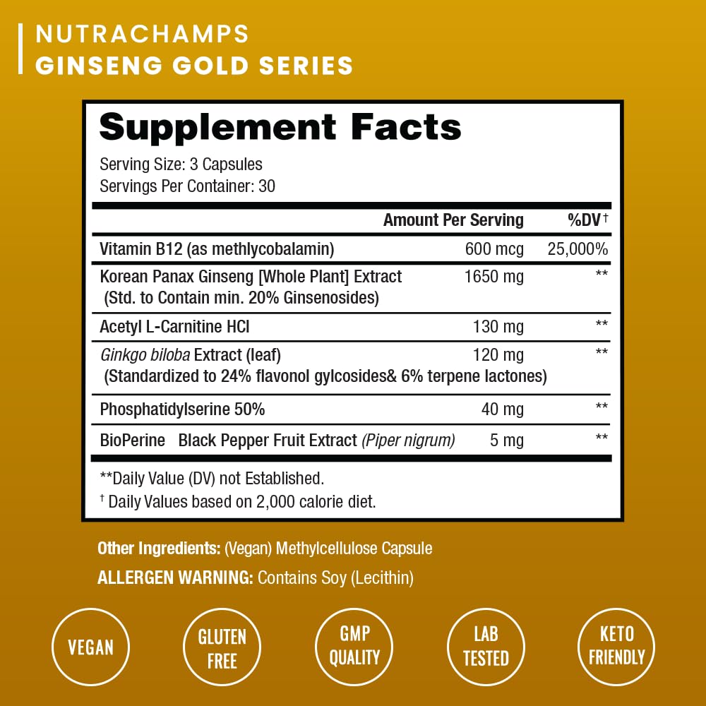 NutraChamps Korean Red Panax Ginseng Capsules with Ginkgo Biloba Extra Strength 20% Ginsenosides for Energy, Focus, Vitality & Immune Support Ginseng Root Extract Supplement for Men (90, Premium Gold)