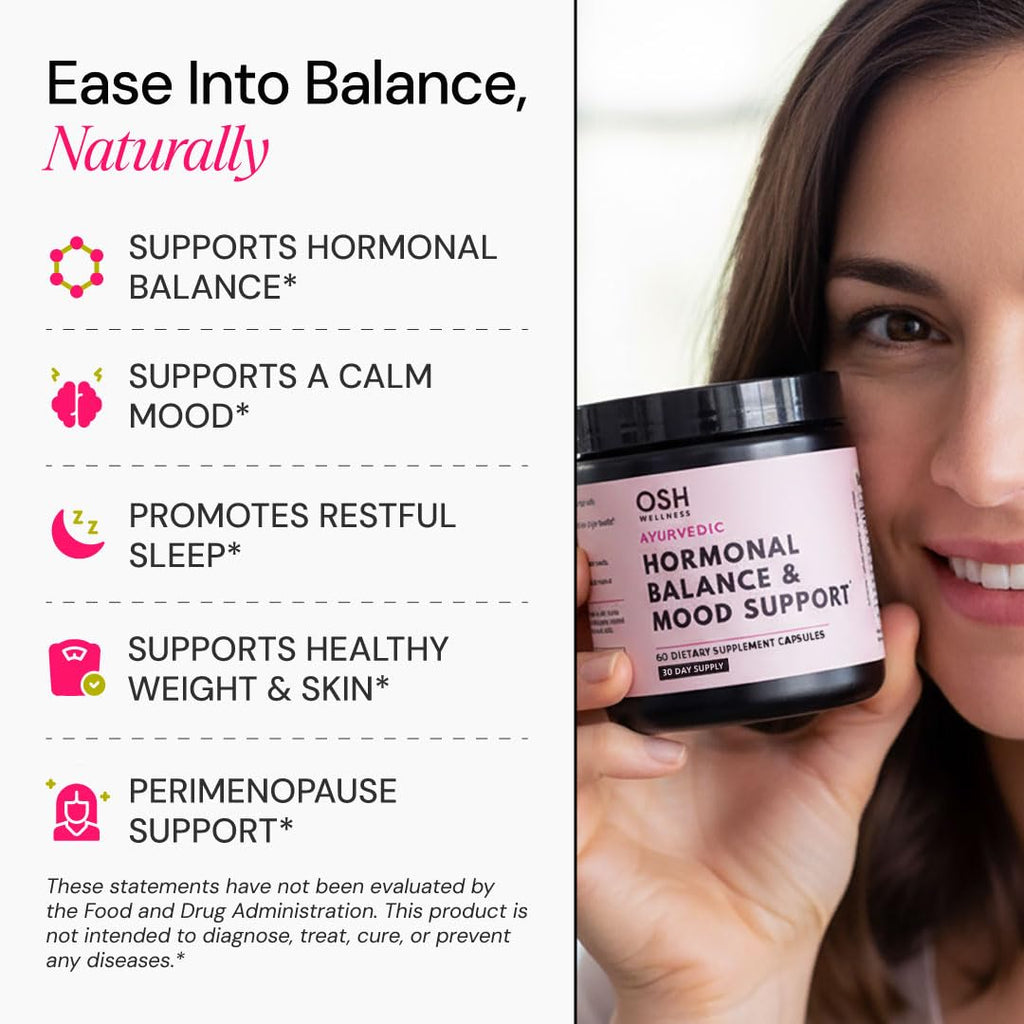 Ayurvedic Hormone Balance for Women | Cortisol Reducer | Mood, Energy, Stress, & Sleep Support | Estrogen | Perimenopause | Ashwagandha, Rhodiola, & Holy Basil | Made in USA | 60 Ct. - OSH Wellness
