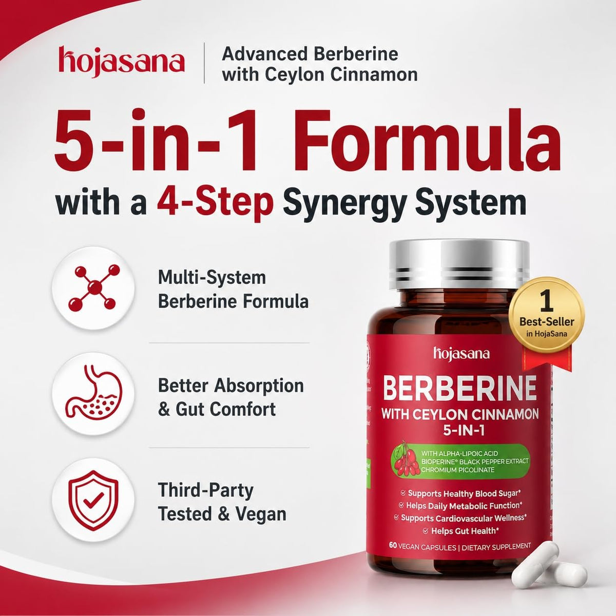 5-in-1 Berberine 500mg with Ceylon Cinnamon, 60 Vegan Capsules
