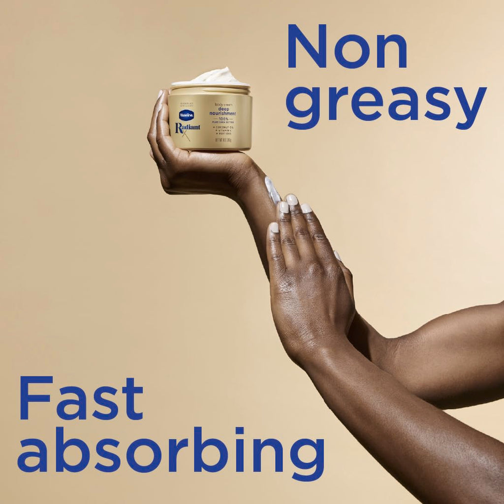 Vaseline Radiant X Deep Nourishment Body Cream 100% Pure Shea Butter, Coconut Oil, Vitamin C, & Peptides 10 oz (Pack of 6)