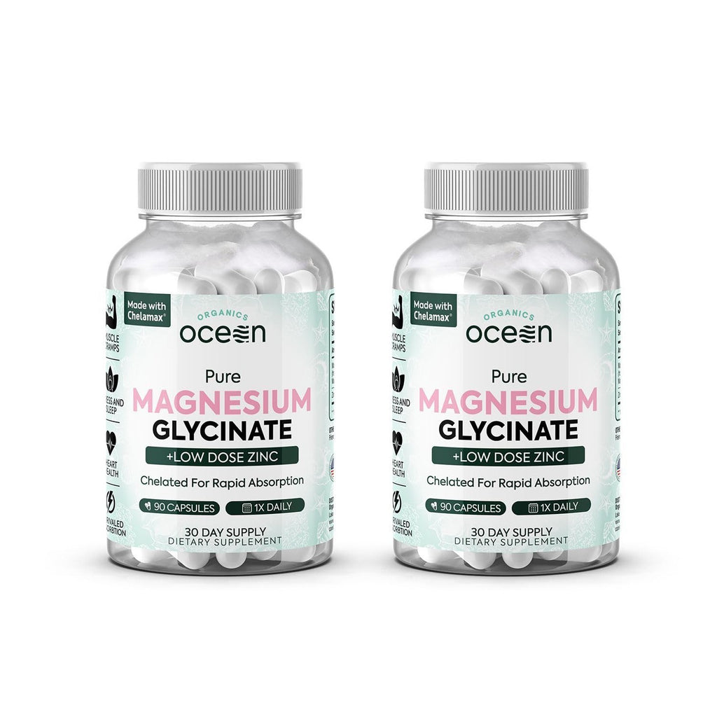 Organics Ocean Pure Magnesium Glycinate with Zinc - Maximum Strength Chelated Magnesium Supplement for Women and Men for Muscle Cramps and Sleep Support - 6 Bottles