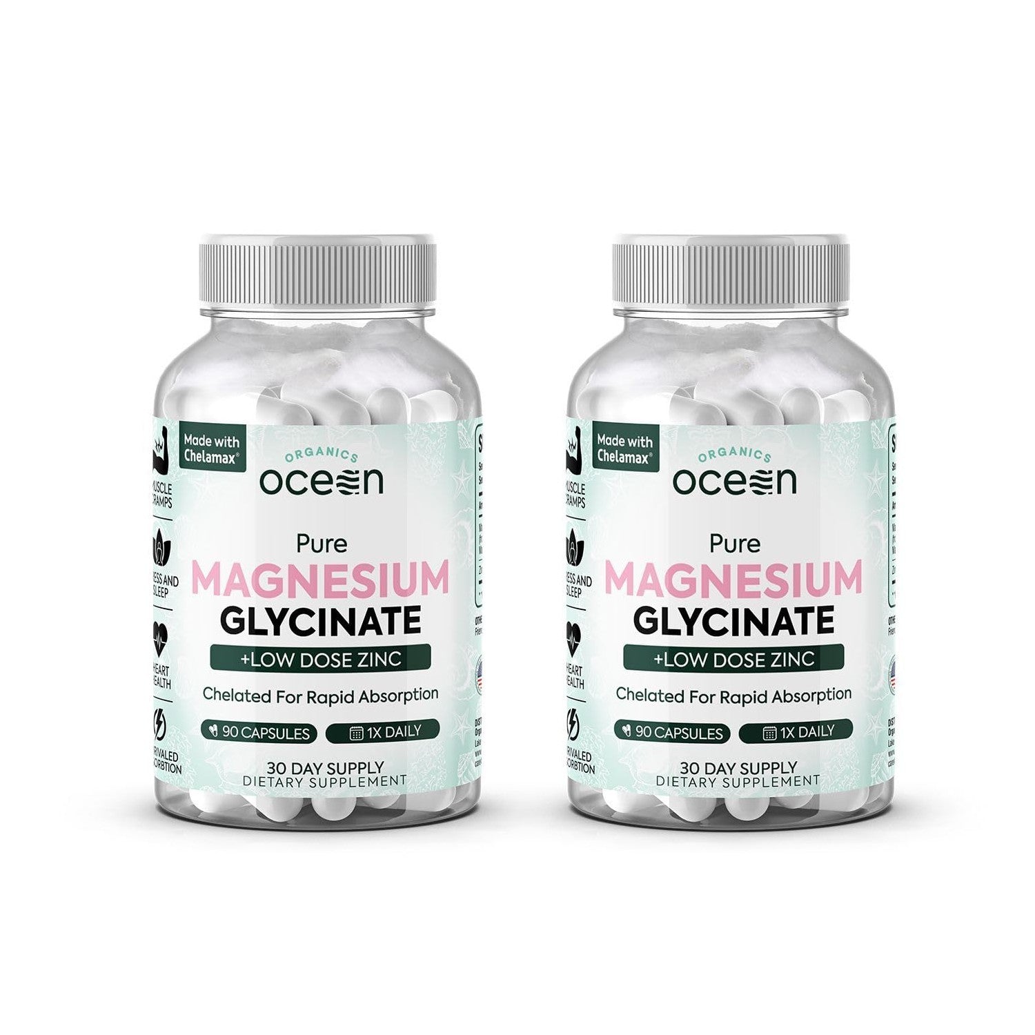 Organics Ocean Pure Magnesium Glycinate with Zinc - Maximum Strength Chelated Magnesium Supplement for Women and Men for Muscle Cramps and Sleep Support - 6 Bottles