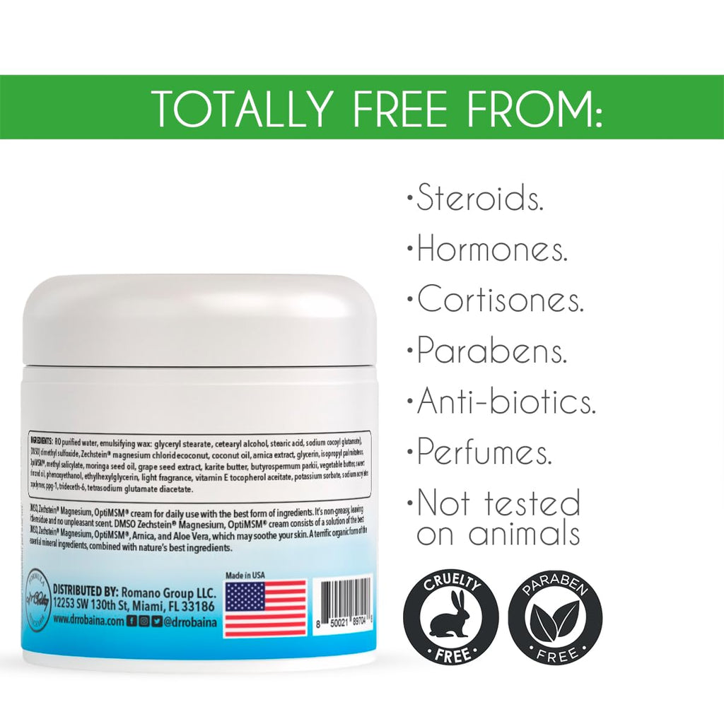Dr. Robaina DMSO Cream - 99.9% Pure DMSO Pharmaceutical Grade | Formula with Zechstein Magnesium, Arnica, Aloe Vera, Vitamin E - 4 oz