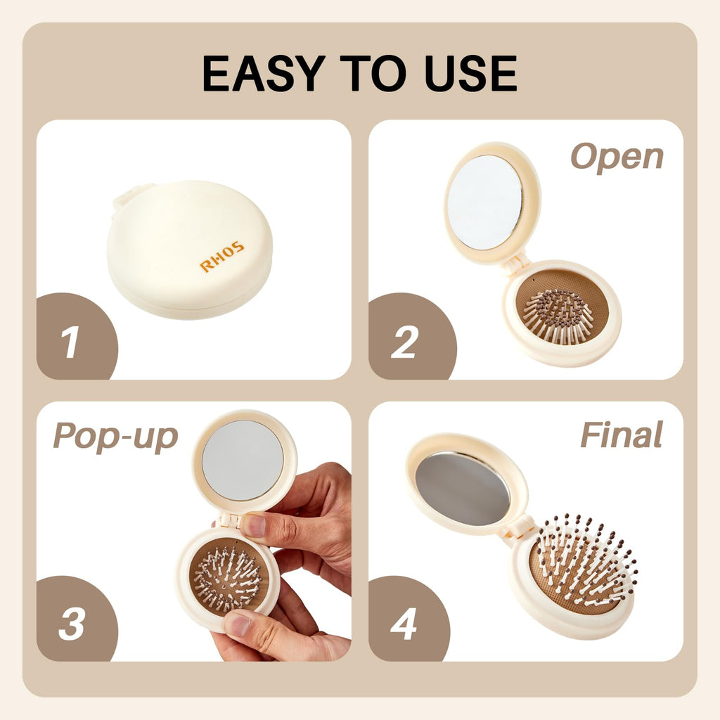 RHOS folding brush in elegant design with built-in mirror, perfect for touch-ups on the go. Stylish and easy to use.