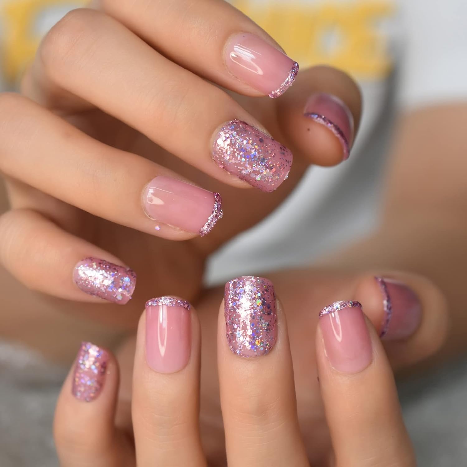 Buy now EchiQ Pearl Shine Glossy Fake Nails Shimmer White Square French Nail Ombre Faux Ongles Gradient Medium Fingernails with Gluetabs Pink glitter at indiglob india