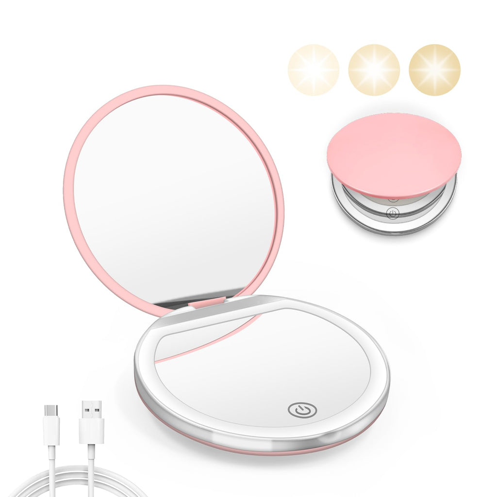 Black Compact Mirror with Light, 1X/3X Magnification LED Pocket Mirror | USB Data Cable, Mini, Purse, Pocket, Travel, Gift, makeup, mini, women, essentials, LED, fiberglass