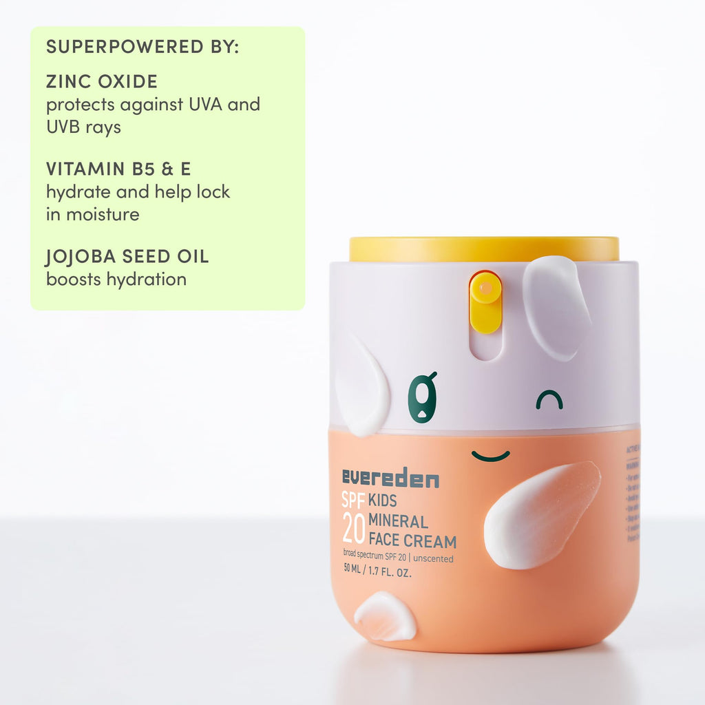 Evereden Kids Mineral Face Cream SPF 20, Dermatologist-Tested, Zinc Oxide | Kids Daily Sunscreen with Vitamin B5, 100% Mineral UV Filter, Fragrance-Free, Clean, Vegan, No Phenoxyethanol, FSA Eligible