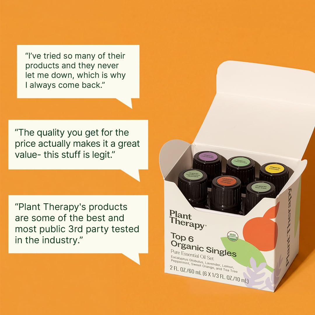 Plant Therapy Top 6 USDA Organic Essential Oil Set for Diffusion & Topical