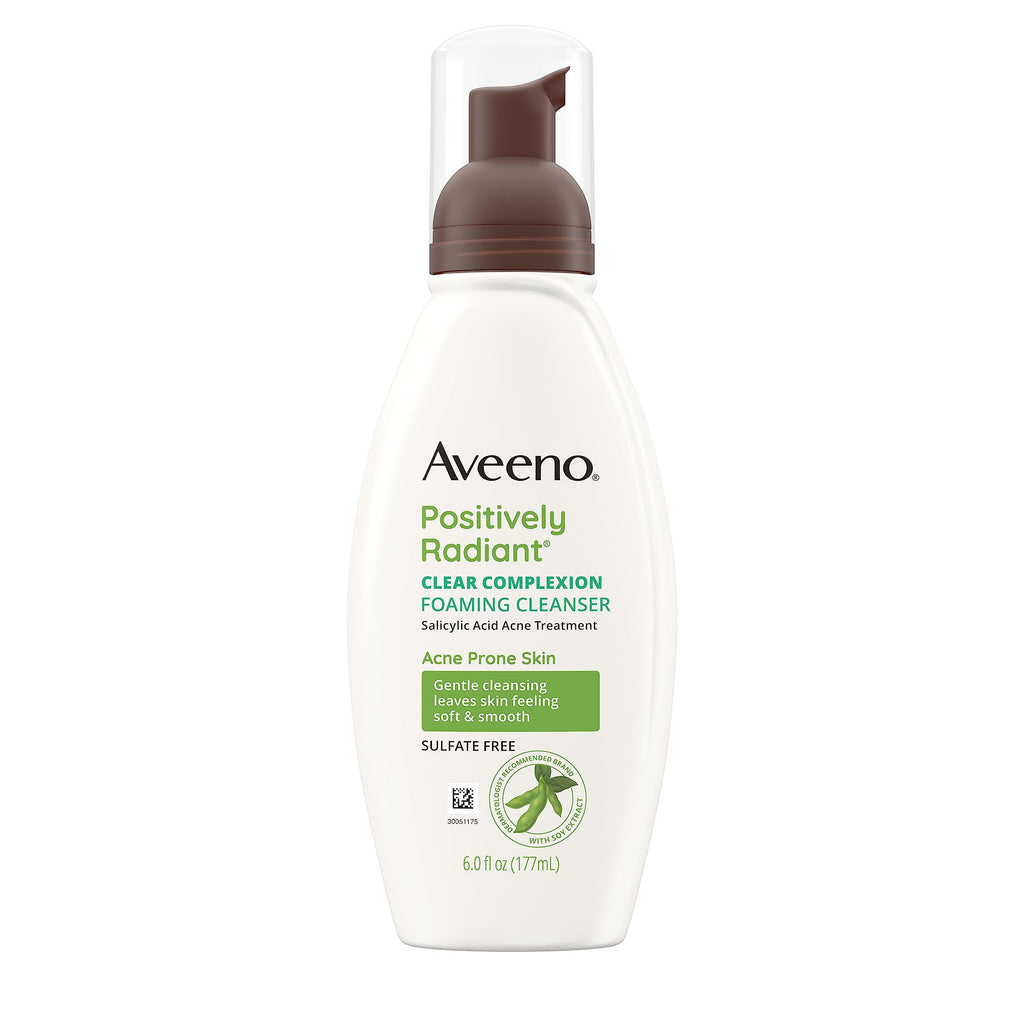 Aveeno Positively Radiant Clear Complexion Foaming Face Cleanser, 6 fl. oz | Facial Cleanser with Soy Extract & 0.5% Salicylic Acid, Acne Treatment Face Wash, Oil-Free, Hypoallergenic, No Added Sulfates