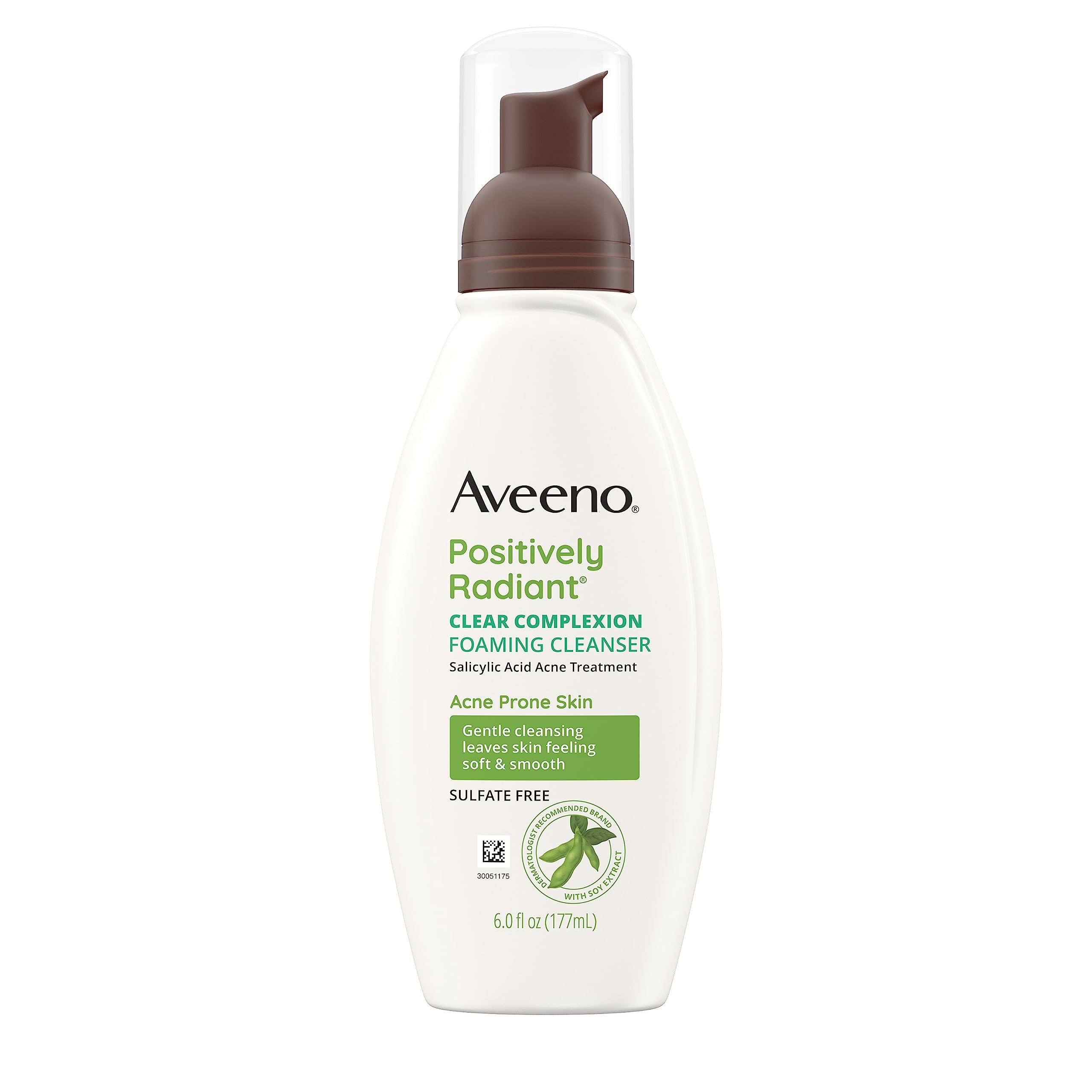 Aveeno Positively Radiant Clear Complexion Foaming Face Cleanser, 6 fl. oz | Facial Cleanser with Soy Extract & 0.5% Salicylic Acid, Acne Treatment Face Wash, Oil-Free, Hypoallergenic, No Added Sulfates