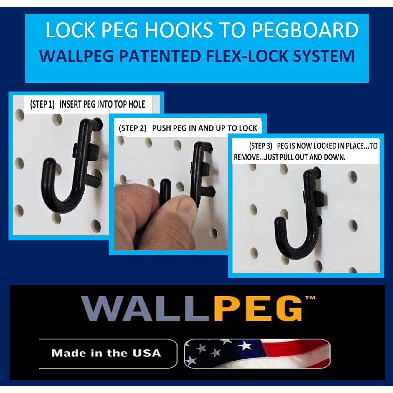 Buy now WallPeg 2 Black Pegboard Panels (24"x16" Each) with 36 Assorted Peg Hooks – Heavy-Duty Peg Board Garage Organizer Kit – Patented Flex-Lock Hooks – Made in USA Wall Storage System at indiglob india