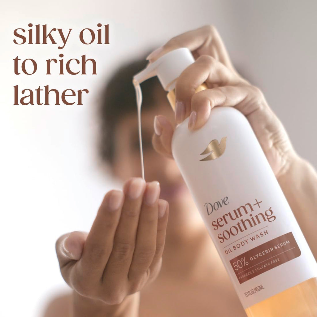Dove Serum+Shower Oil Body Wash Soothing, 15.3 fl oz | Almond Oil & Sandalwood hydrating shower oil body wash with glycerin serum for soft, smooth skin and a soothing shower