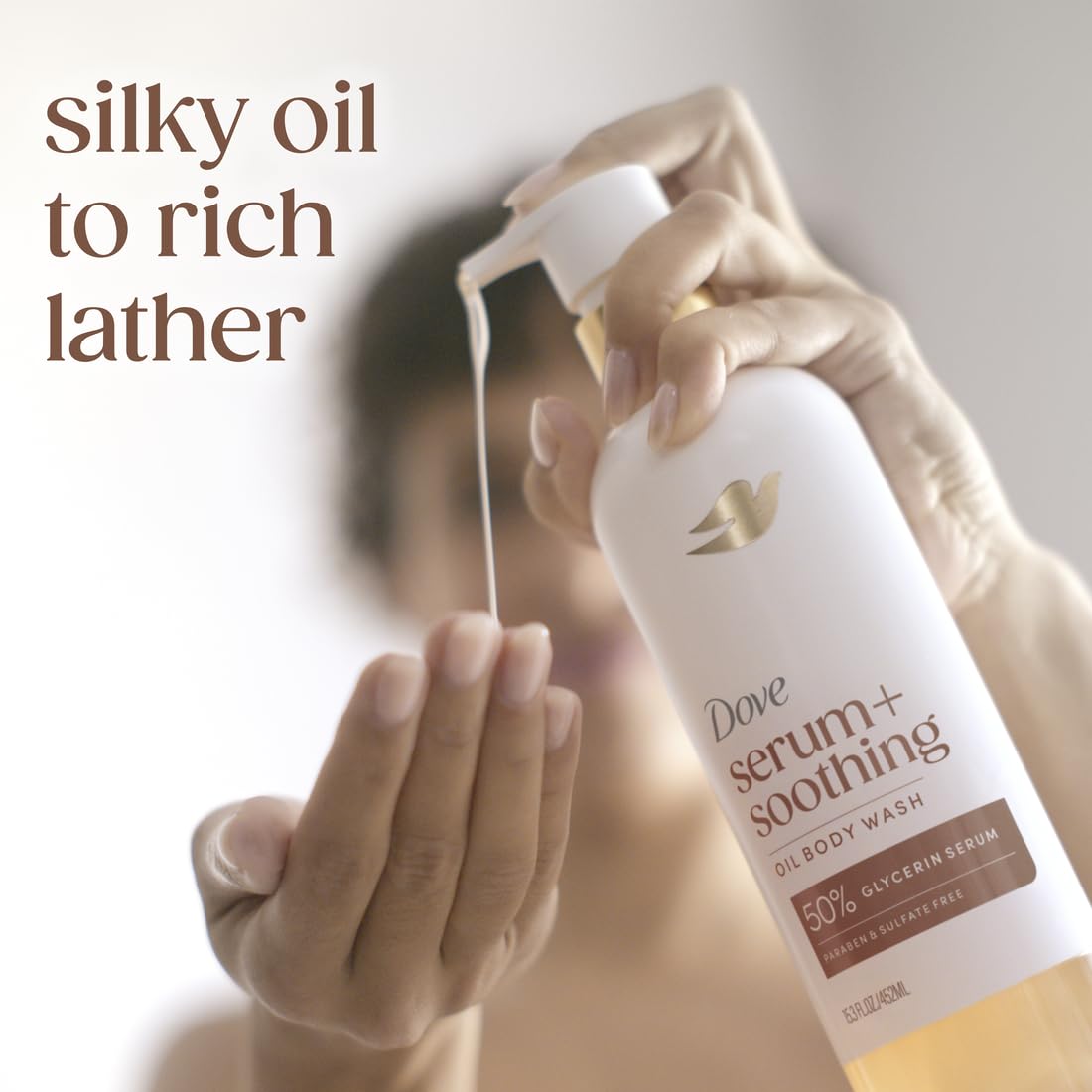 Dove Serum+Shower Oil Body Wash Soothing, 15.3 fl oz | Almond Oil & Sandalwood hydrating shower oil body wash with glycerin serum for soft, smooth skin and a soothing shower
