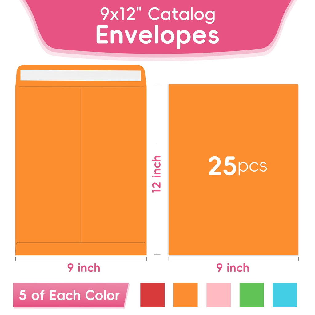 25 Pack Colored Mailing Envelopes, 9 x12 Inches Self-Seal Manilla Envelopes