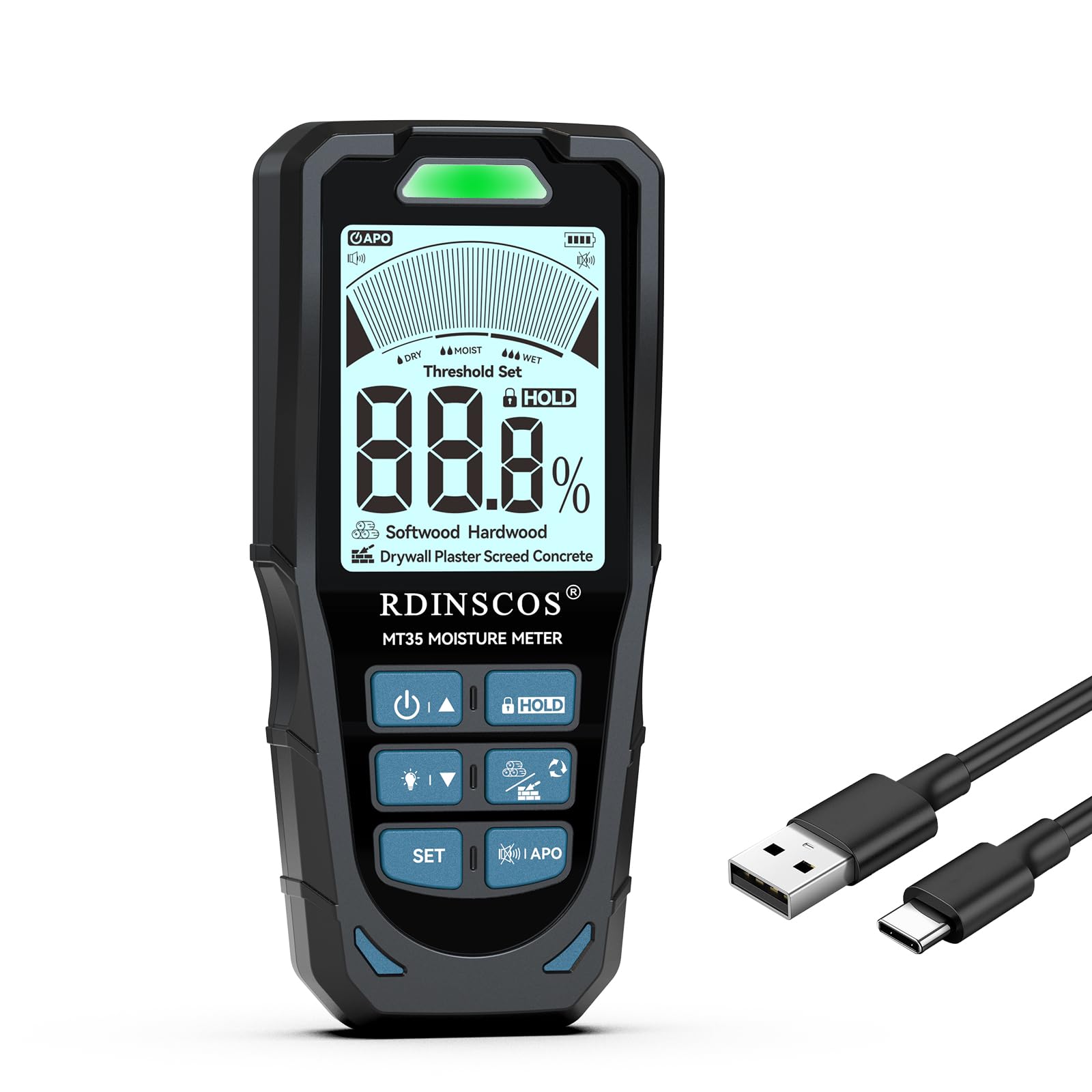 Buy now Pinless Moisture Meter for Wood Concrete – Digital Moisture Tester with 3-Color LCD Display, Audible Alarm & HOLD Function – Ideal for Firewood, Lumber, Home Inspections (Green) at indiglob india