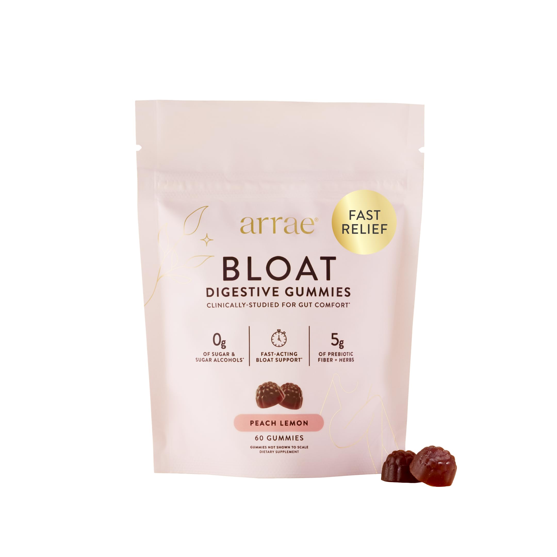 Arrae Bloat Gummies, Sugar-Free with Fiber, Peach Lemon, 60 Count | Ginger, Lemon Balm & Dandelion, Vegan, Gluten-Free, No Fillers, Resealable Pouch