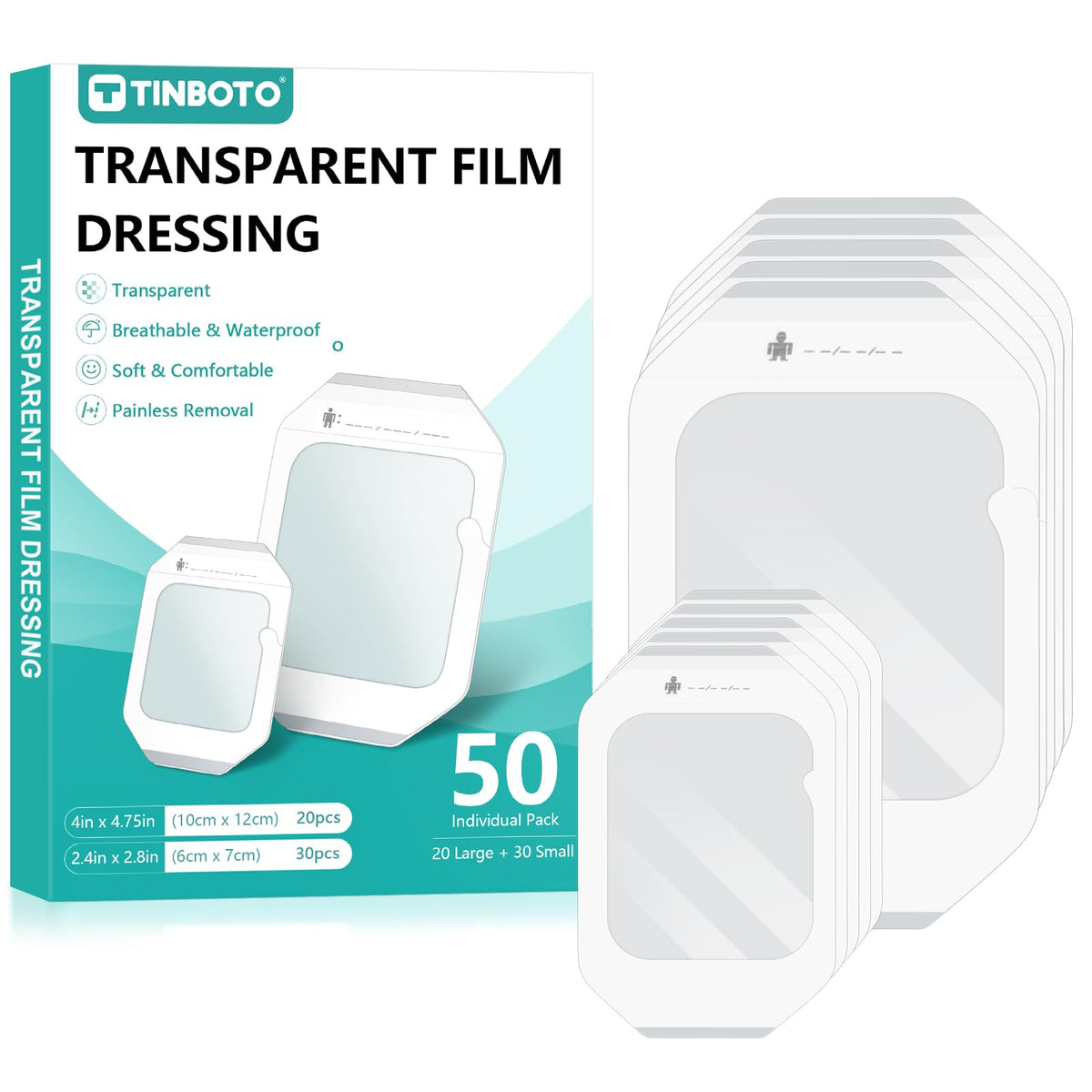 50PCS Transparent Film Dressing, 4" x 4.75" (20 PCS)+2.38" x 2.75" (30 PCS),Waterproof Clear Adhesive Bandages for Wound Care, IV Shield & Tattoo Aftercare