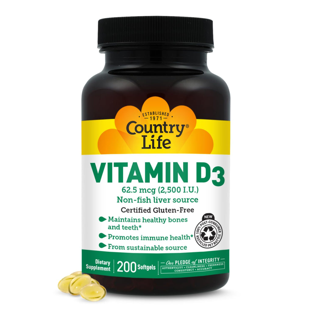Country Life Vitamin D3 2500 IU, Non-Fish Source, 200 Softgels