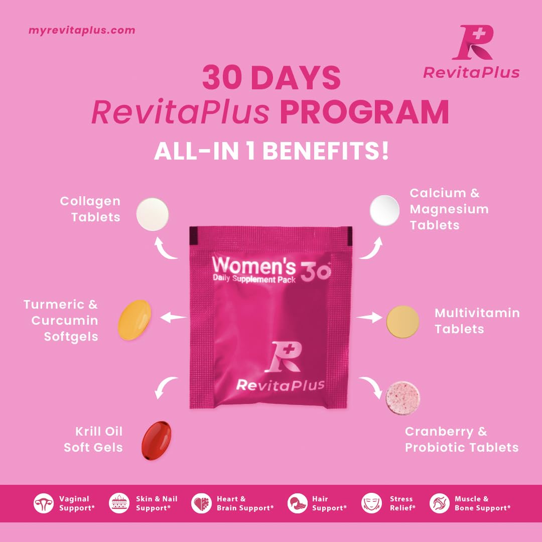 RevitaPlus Multivitamin for Women Daily Pack 60 Servings | Vitamin A,B,C,D3,E,K2,Biotin, Collagen, Krill Oil, Cranberries, Vitamin Packs for Women Energy,Wellness,Beauty and Immune