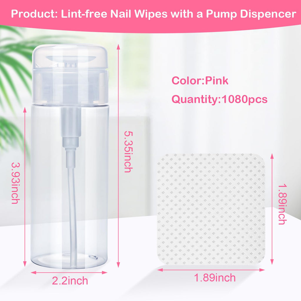 1080PCS Lint Free Nail Wipes with Pump Dispenser | Gel Nail Polish Remover Pads Soft Non-Woven Nail Wipes for Nail Polish Remove and Acrylic Nail Supplies