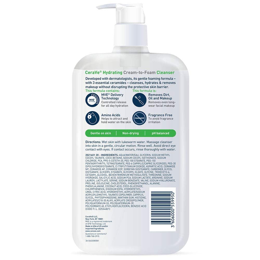 Buy now CeraVe Hydrating Cream To Foam Cleanser, Makeup Remover Face Wash For Dry Skin, Foaming Facial Cleanser With Hyaluronic Acid, Normal To Dry Skin, Fragrance Free & Non Comedogenic, 19 Fluid Ounce at indiglob india