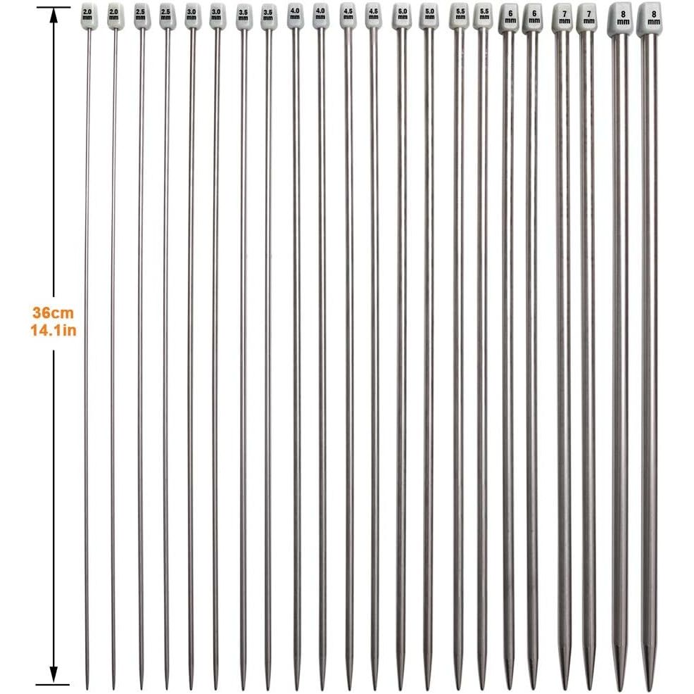Buy now Knitting Needle Set, 22PCS 2mm(B)-8mm(L) Straight Single Pointed Stainless Steel Sweater Needles Set(11Pair-11 Size,9.8 inch) with Locking Stitch Makers Large-Eye Needles Measure Tape (36CM) at indiglob india