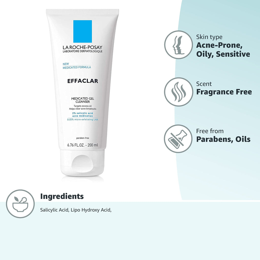 La Roche-Posay Effaclar Medicated Acne Face Wash with Salicylic Acid, 6.8oz | 2% salicylic acid cleanser with LHA and glycerin. Oil free foaming face wash helps clear acne and target excess oil.