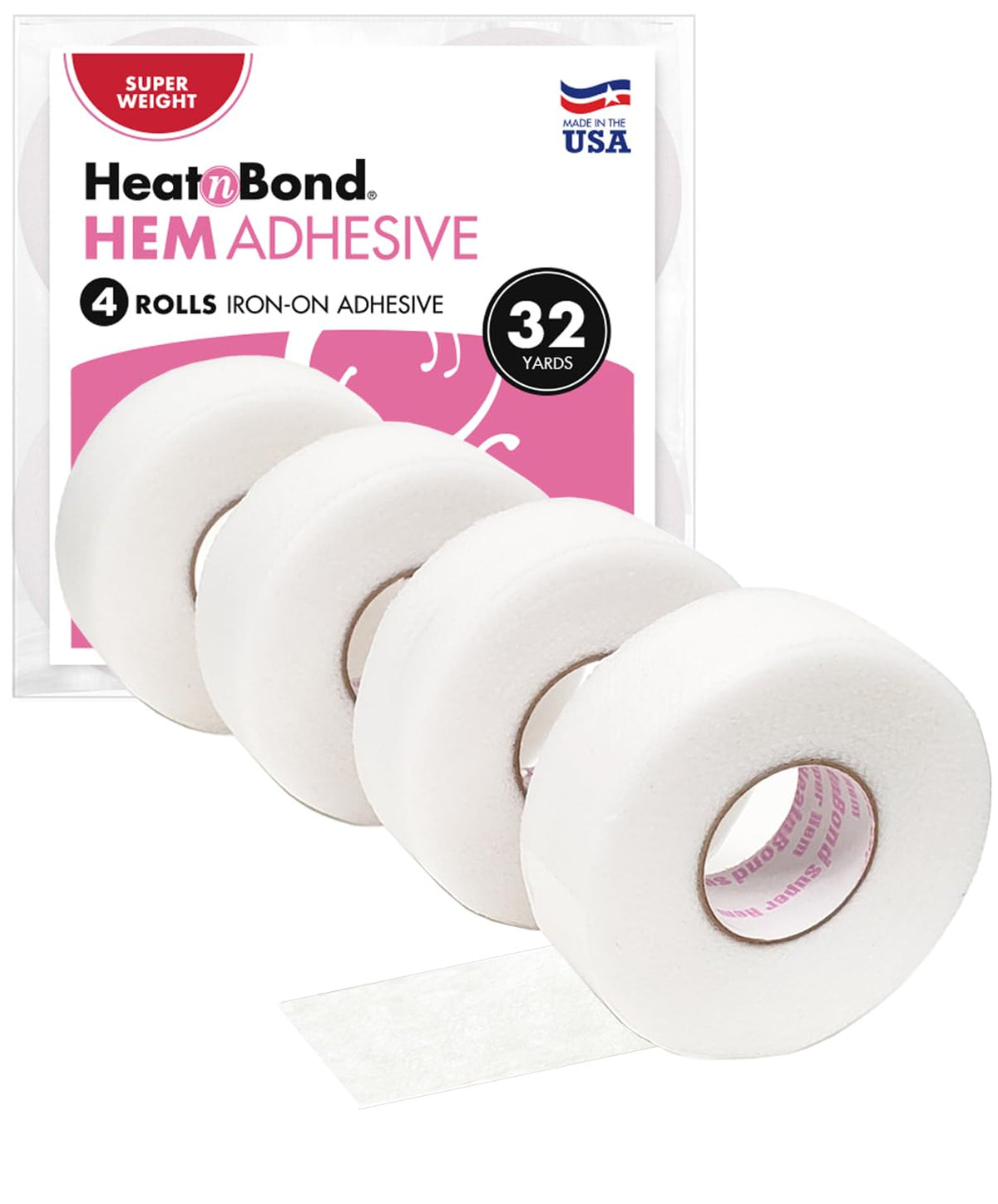 HeatnBond Iron On Hemming Tape - No Sew Hemming Tape for Pants, Dresses, and Curtains - Fabric Tape for Hemming - Heat and Bond Tape - Made in USA - 4 Rolls (3/4 Inch x 8 Yards Each), 32 Yards, White