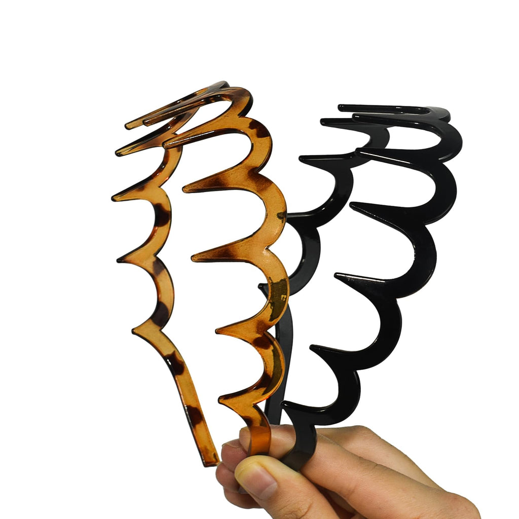 2026 Zigzag Headbands for Women, 2-Pack U-Shaped Hair Comb Headbands, Non-Slip Slick-Back Hair Accessories, Black & Tortoise Recycled Plastic, Teeth Hairband for Everyday Styling & Workout