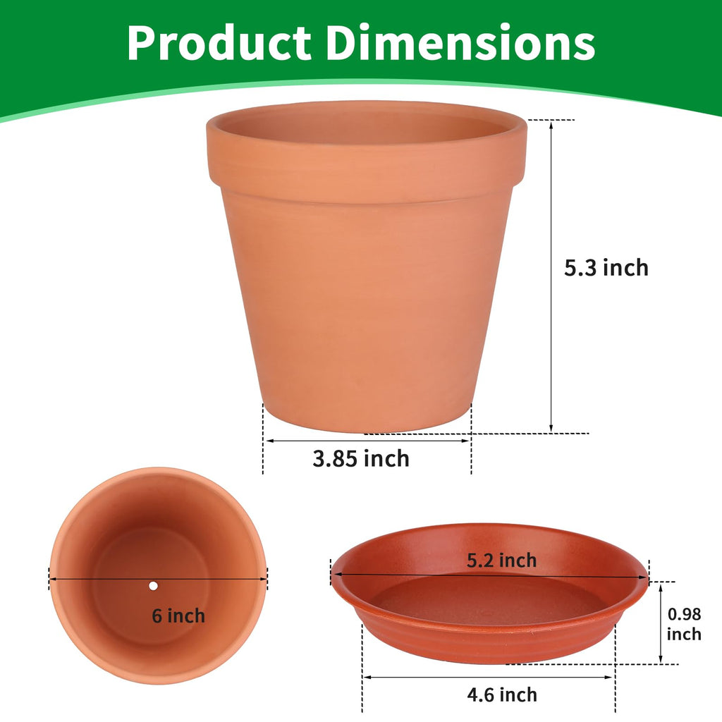 6 Pack 6 Inch Terracotta & Clay Pots with Plastic Saucer for Plants