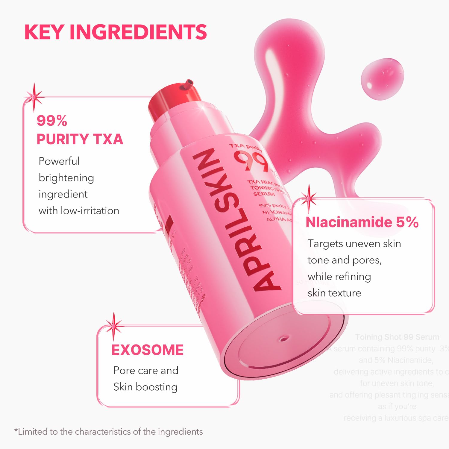 APRILSKIN TXA Niacinamide Toning Shot 99 Spicule Facial Serum｜Skin Booster Serum for Brightening and Pore Care｜99% High-Purity Tranexamic Acid 3% + Niacinamide 5%｜Korean Skin Care｜1.01 fl. oz.