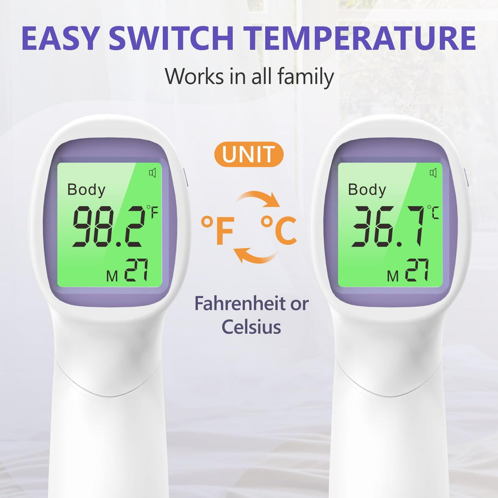 Non‑Contact Forehead Thermometer, 1‑Sec Infrared Thermometer for Baby Kids Adults, Fever Alarm with 3‑Color Backlight, 32‑Memory, Body & Surface Mode, °F/°C Switch, FDA Cleared