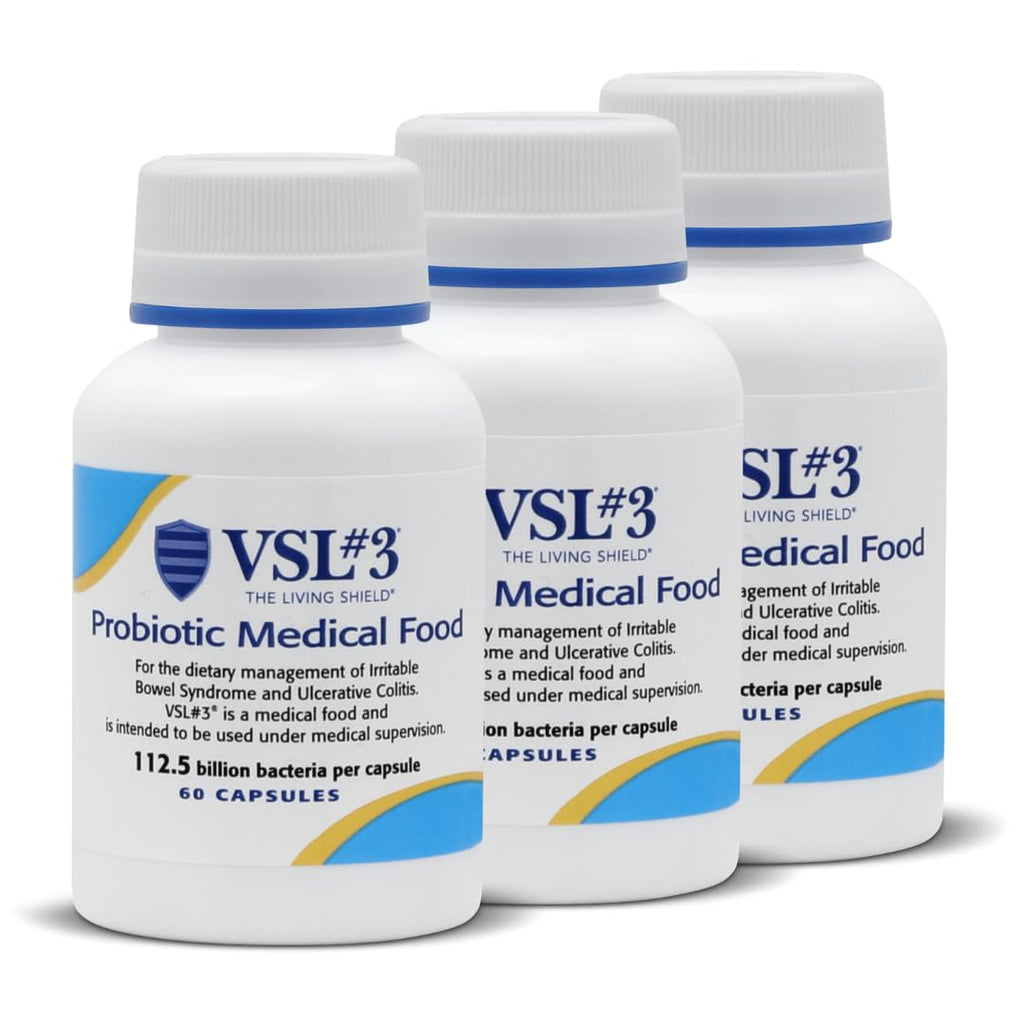 VSL #3® High-Potency Probiotic Medical Food, Dietary Management of IBS & UC | 112.5 Billion CFU, Clinically Researched, 8 Live Probiotic Strains, Refrigerated, For Men & Women, 3-Pack (180 Capsules)