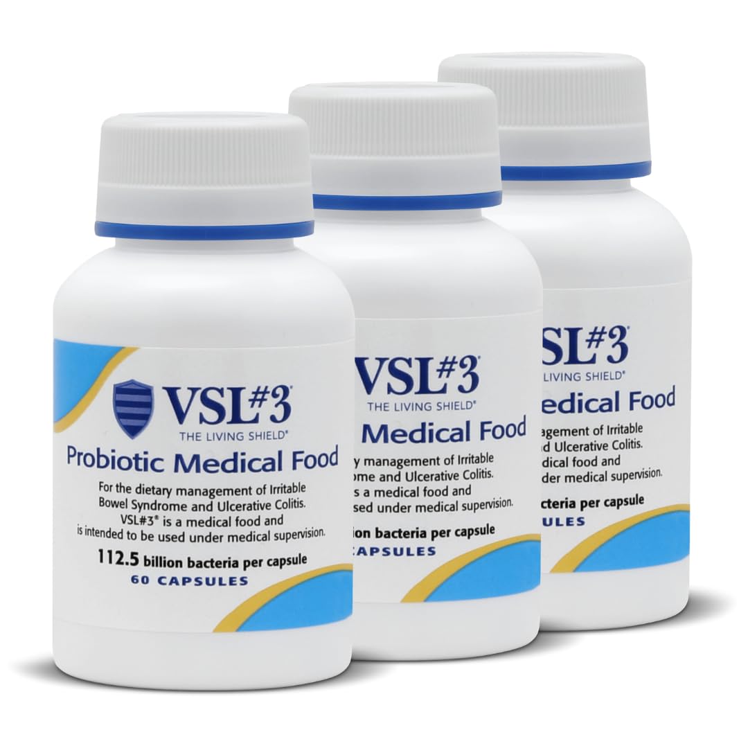 VSL #3® High-Potency Probiotic Medical Food, Dietary Management of IBS & UC | 112.5 Billion CFU, Clinically Researched, 8 Live Probiotic Strains, Refrigerated, For Men & Women, 3-Pack (180 Capsules)