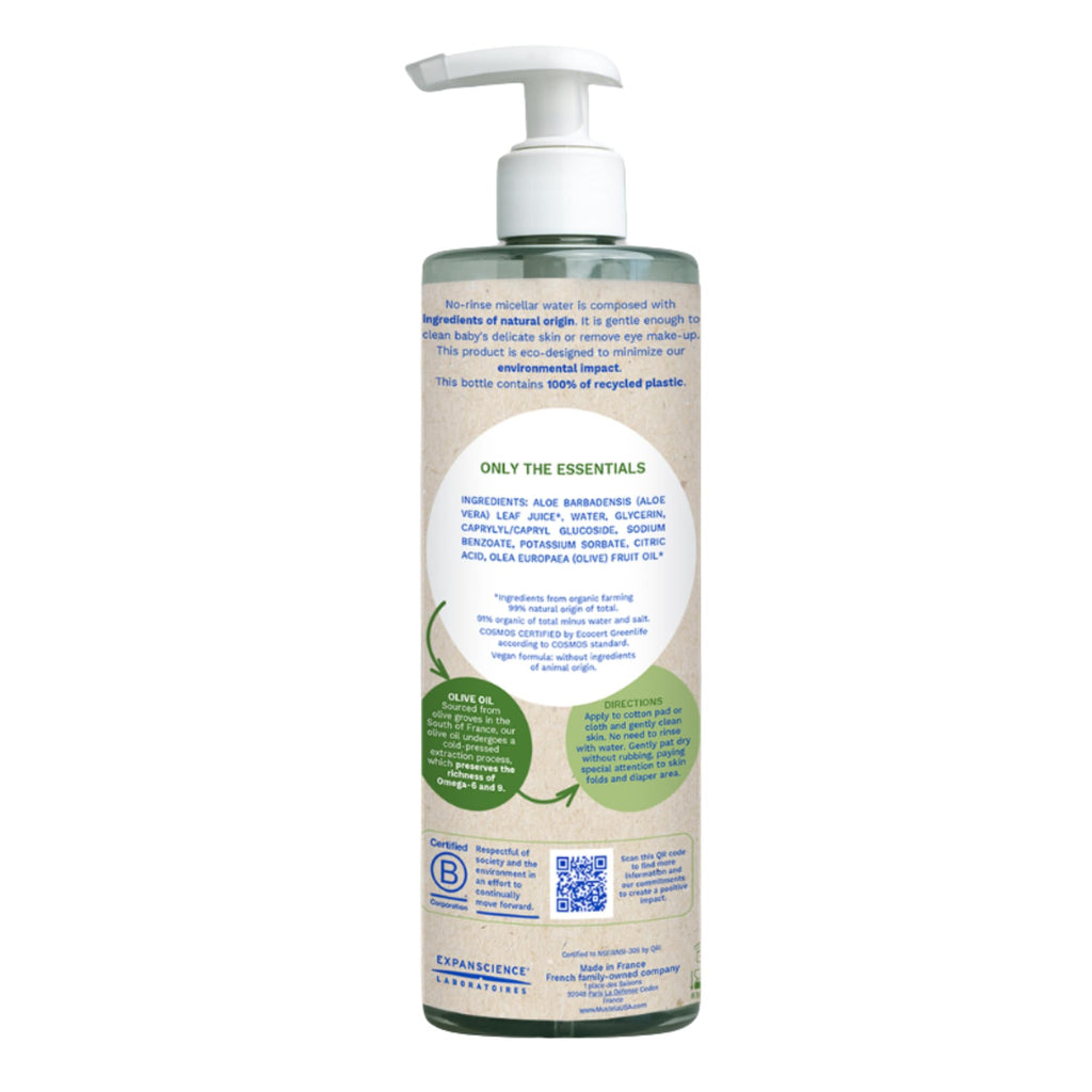 Mustela Certified Organic Micellar Cleansing Water -No-Rinse Natural Water Cleanser w/Olive Oil & Aloe Vera - For Baby, Kid & Adult - Fragrance Free, EWG Verified & Vegan -13.5 oz-Packaging may vary