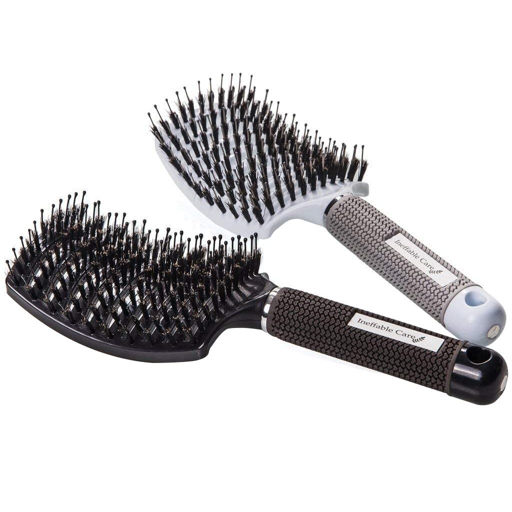 Buy now Boar Bristle Hair Brush set â€“ Curved and Vented for Wet and Dry Detangling Hair Brush for Women Long, Thick, Thin, Curly & Tangled Hair Vent Brush - Stocking Stuffers Gift kit Black & White at indiglob india