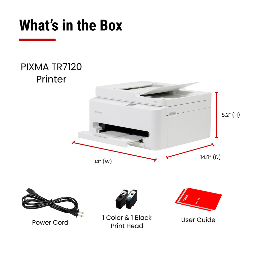 Canon PIXMA TR7120 Wireless Color Inkjet Printer, Duplex Printing, White – Home Printer with Copier/Scanner, Auto Document Feeder, Compact Design, Intuitive Control Panel