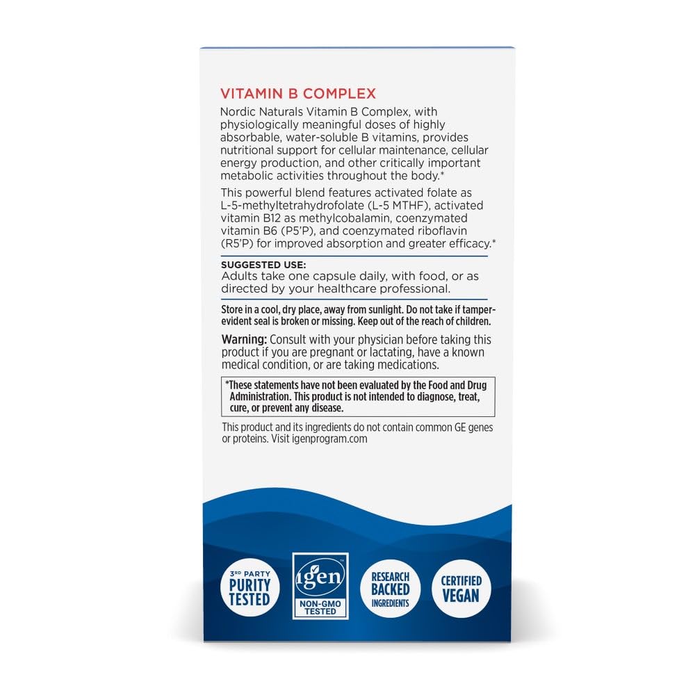 Nordic Naturals Vitamin B Complex, Energy Metabolism - 45 Capsules | 8 essential B vitamins: B1 Thiamine, B2 Riboflavin, B3 Niacin, B6, B12, B9 Folate, B7 Biotin, B5 Pantothenic Acid. Non-GMO