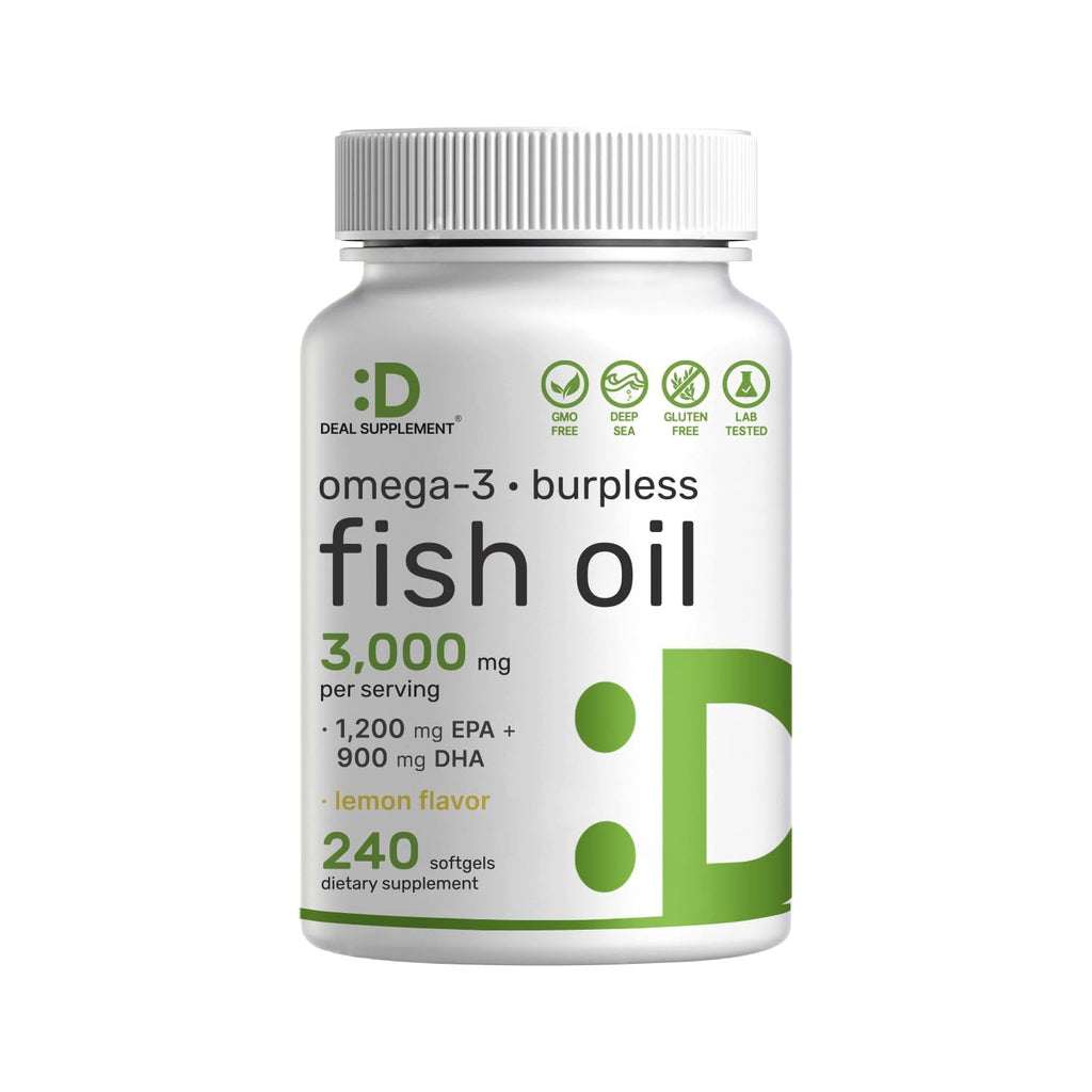 DEAL SUPPLEMENT Omega 3 Fish Oil Supplements, 3,000mg Per Serving, 240 Softgels – EPA 1,200mg + DHA 900mg – Burpless Pills, Lemon Flavored, Wild Caught – Brain & Heart Support – Mercury Free, Non-GMO