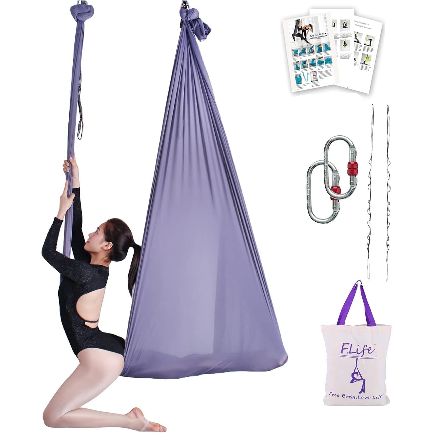 Buy now F.Life Aerial Silk Yoga Hammock & Swing for yoga Inversion,Strength training,starter hardware kit Gunmetal at indiglob india