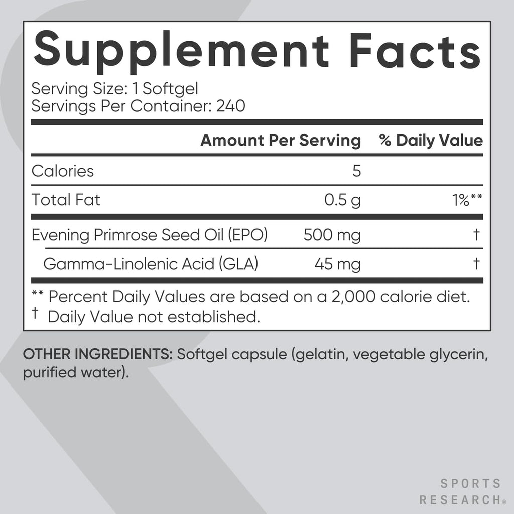 Sports Research® Evening Primrose Oil 500mg, 240 Mini-Softgels | EPO Supplement from Cold-Pressed Oil for Women’s Health & Healthy Skin | Natural GLA, Non-GMO, Easy to Swallow Capsule