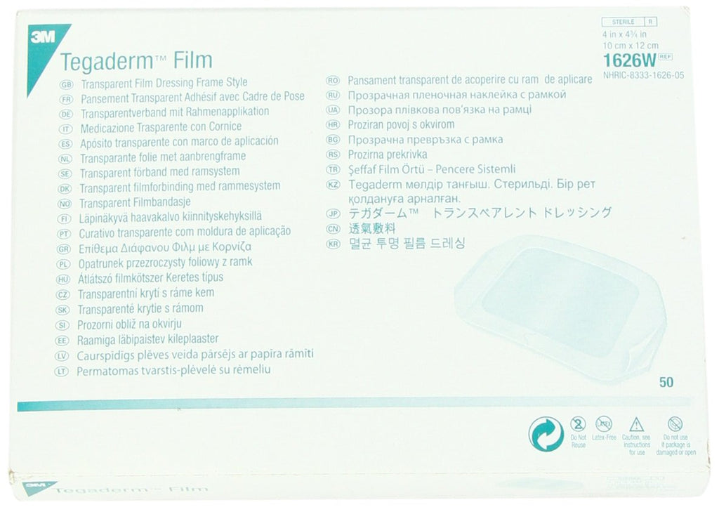 3M Tegaderm Transparent Dressing with Label 4" x 4 3/4" (10 x 12 cm)50 per Box #1626W