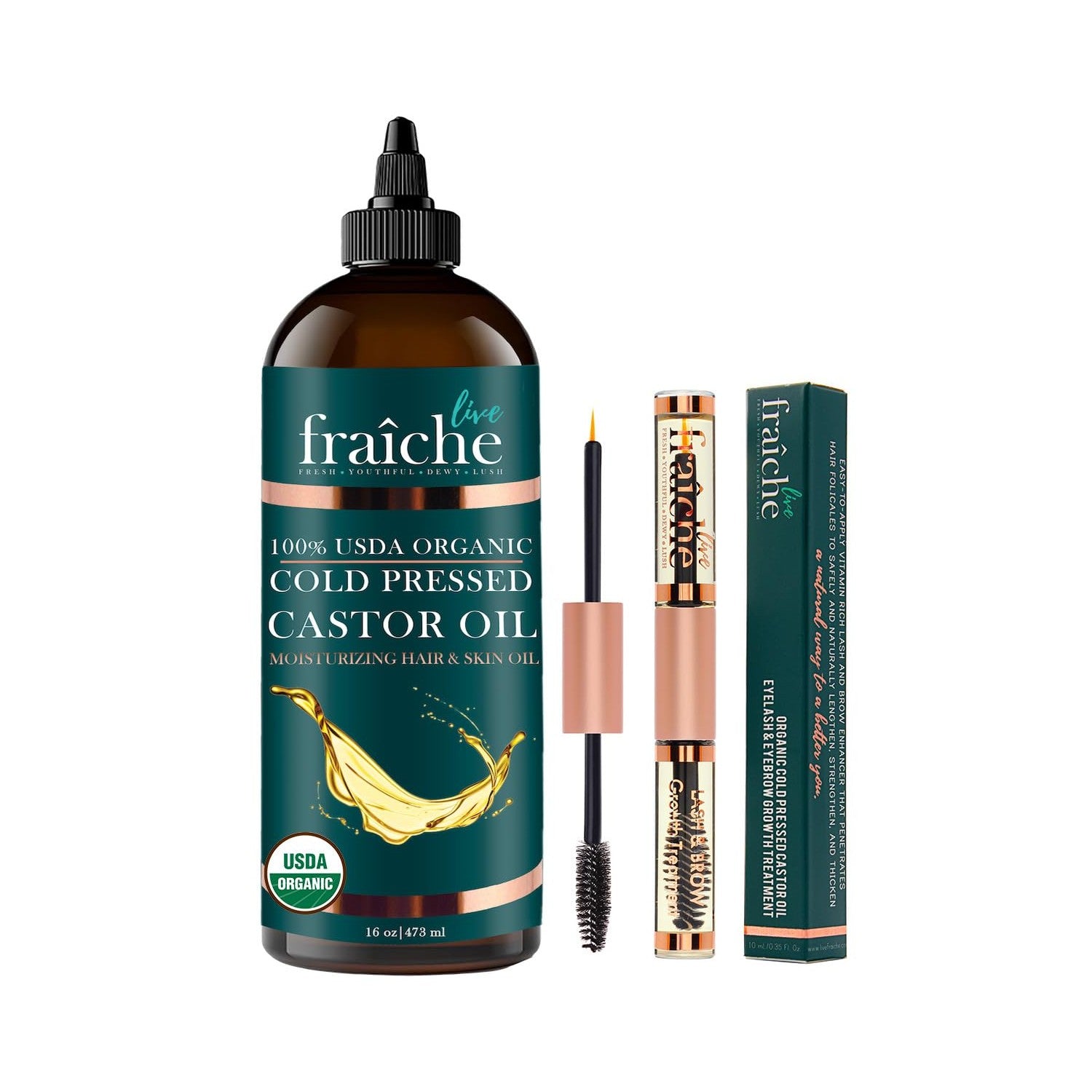 Organic Castor Oil Eyelash Growth Serum, Eyebrow Lash Serum for Hair Growth | 2oz Glass Bottle + Ready-to-Use Filled Dual Ended Tube. 100% Pure Cold Pressed Hexane-Free. For Hair & Skin. Made in USA.