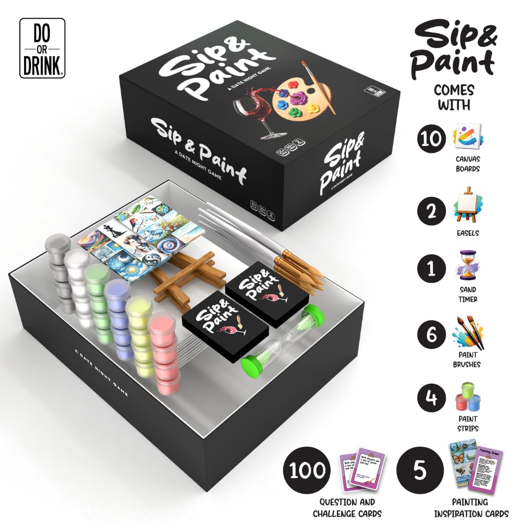 Do or Drink Sip and Paint Couples Painting Kit Game – Date Night Game with Conversation Cards, Romantic DIY Paint Kit for Two, Fun Relationship Activity, for Couples