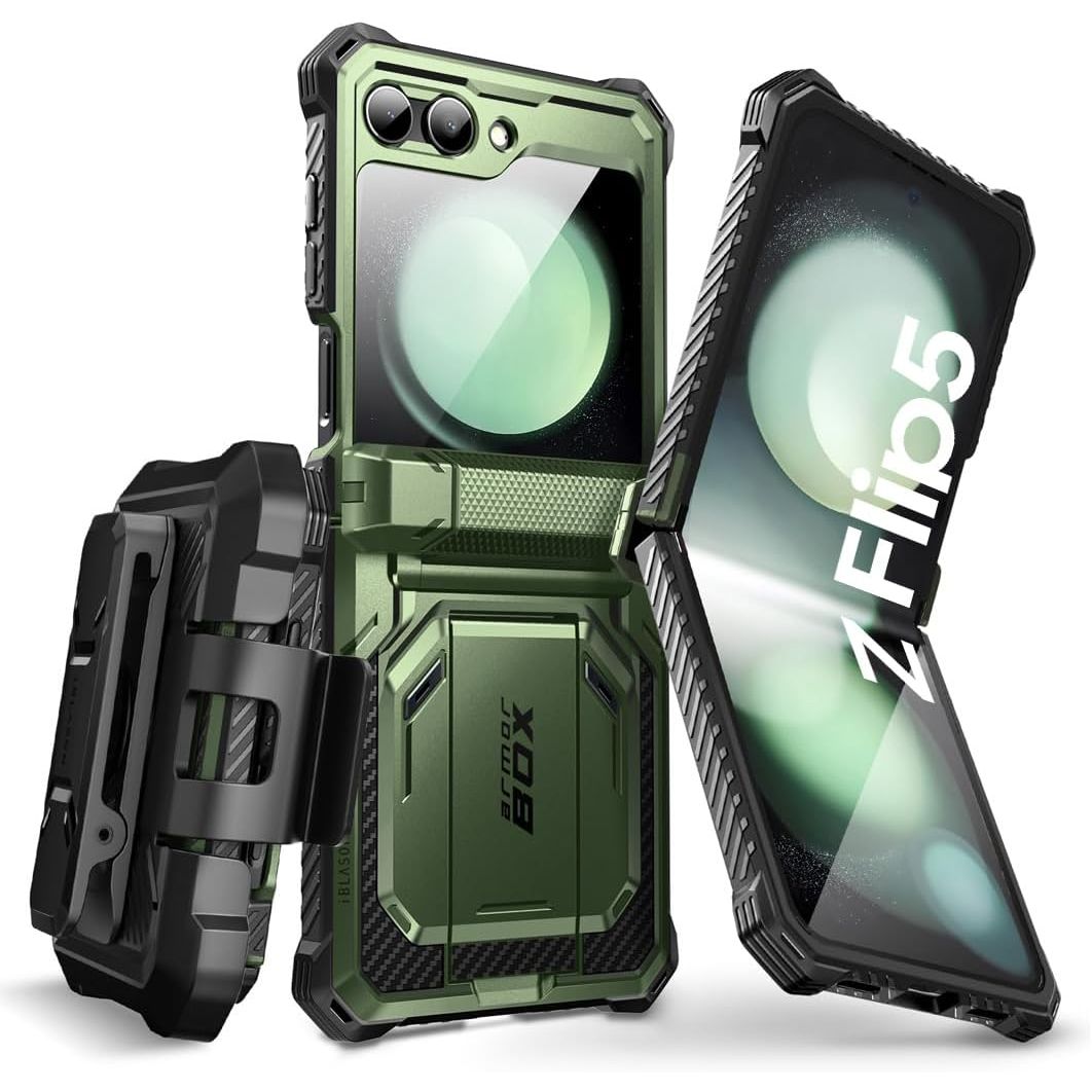 Buy now i-Blason for Samsung Galaxy Z Flip 5 Case with Stand, [Built-in Screen Protector] [Hinge Protection], Full-Body Protection Magnetic Phone Case for Galaxy Z Flip 5, Black Green at indiglob india