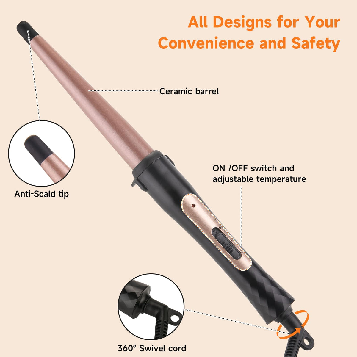 1/2 Inch to 1 Inch Tapered Curling Wand for Short, Medium & Long Hair