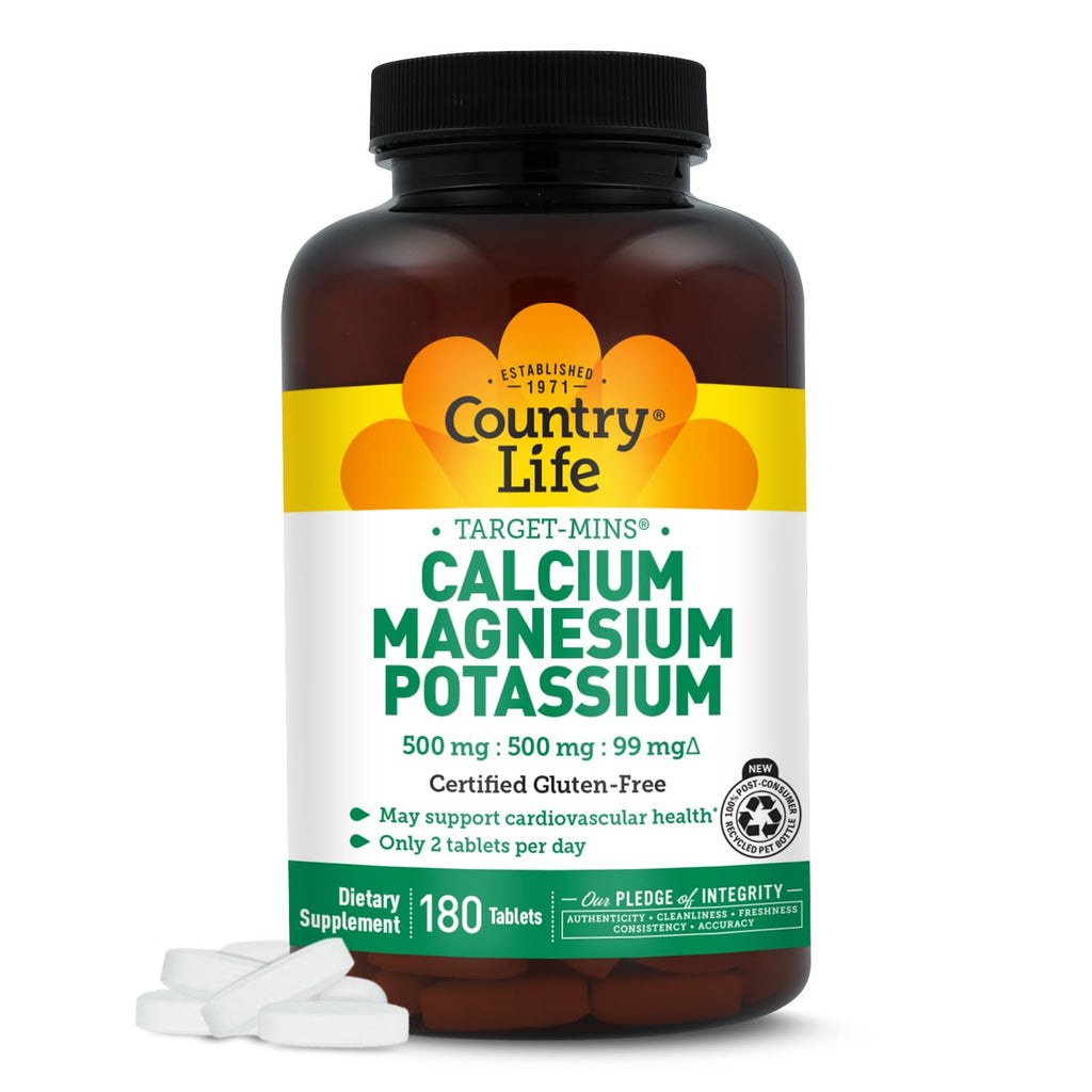 Country Life Target-Mins Calcium Magnesium Potassium, 180 Tablets | 500 mg calcium, 500 mg magnesium and 99 mg potassium per 2-tablet serving; certified gluten-free