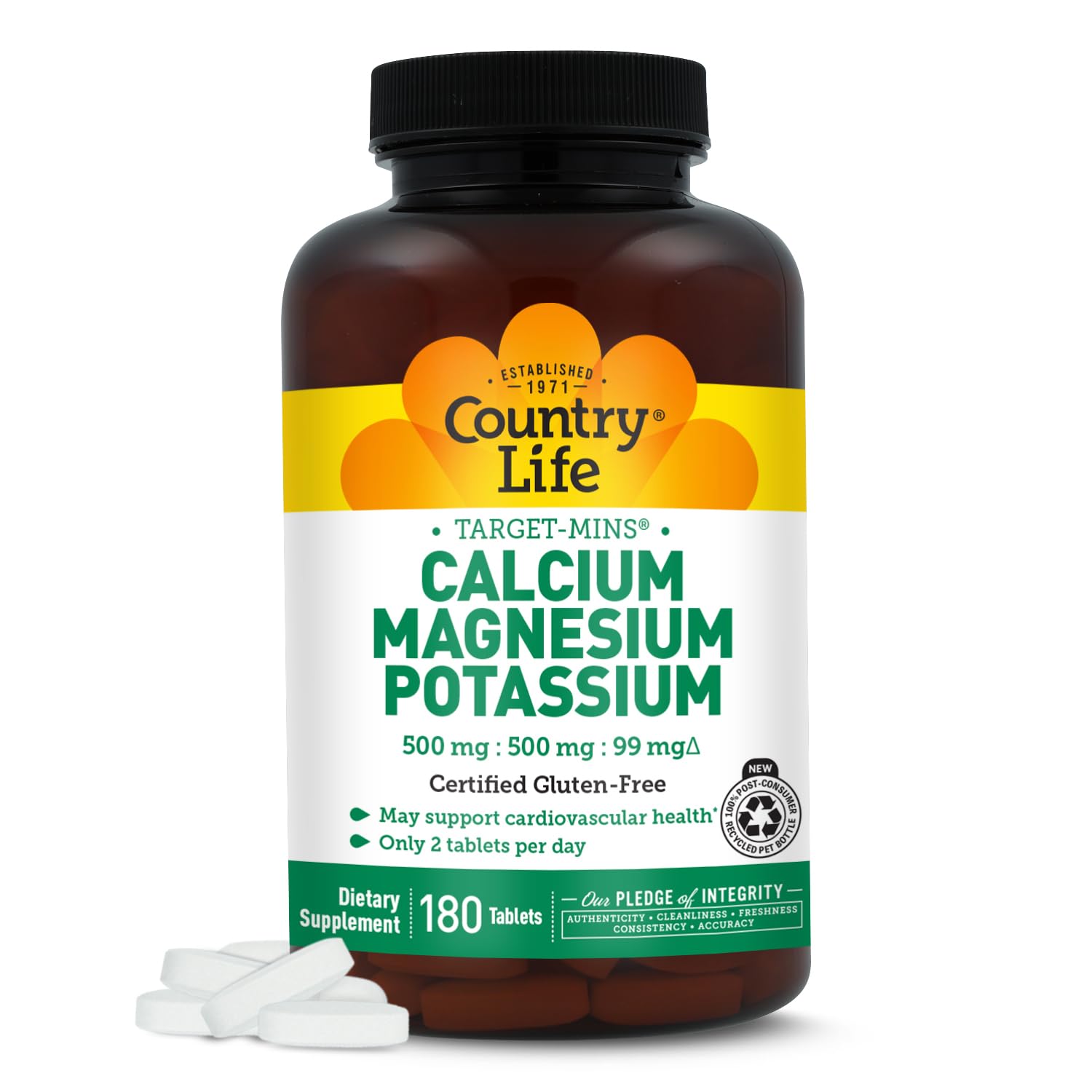 Country Life Target-Mins Calcium Magnesium Potassium, 180 Tablets | 500 mg calcium, 500 mg magnesium and 99 mg potassium per 2-tablet serving; certified gluten-free
