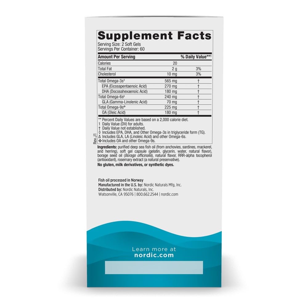 Nordic Naturals Complete Omega-3, w/EPA, DHA, & GLA, Lemon - 120 Softgels | 565mg Omega-3 per serving. Supports healthy skin, cognition & positive mood. Non-GMO. 60 servings per bottle.