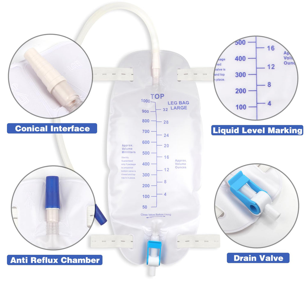 3 Pack Catheter Bags, Premium Easy-Tap Leg Bag Urinary Drainage Bag, 32 Oz with 3 18” Tubing, Anti-Reflux Valve, with Cloth Straps to Attach to Your Foot, Advanced Flip Drain for EZ Disposal
